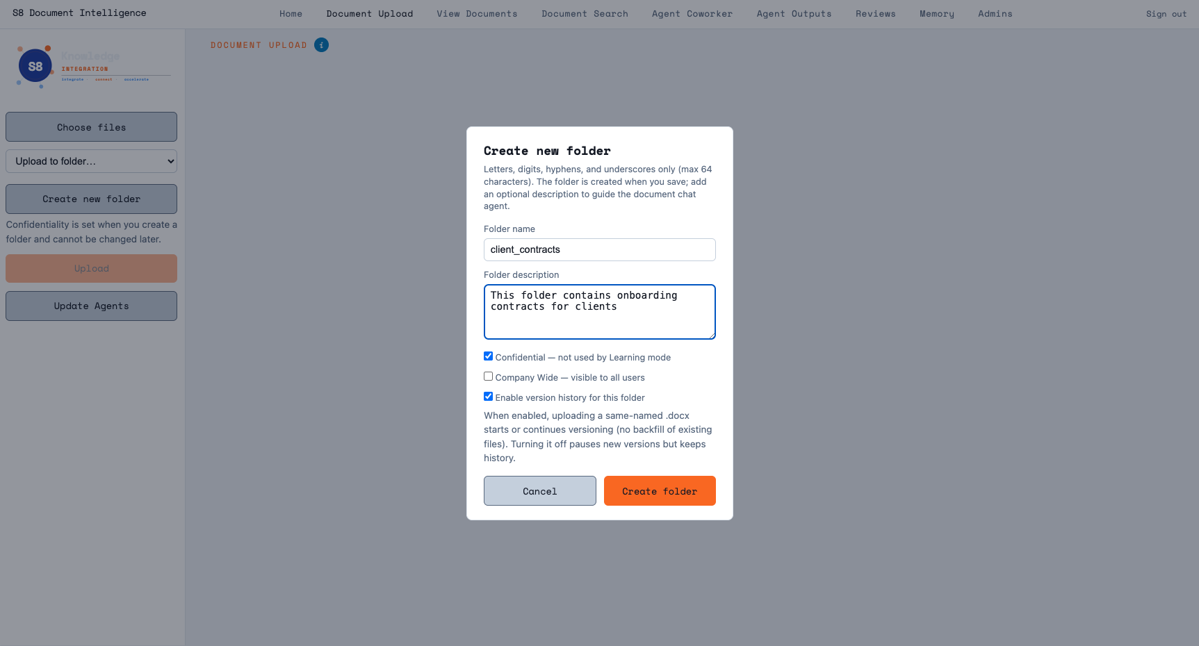 Create new folder modal: Confidential checked, with Company Wide and version-history options