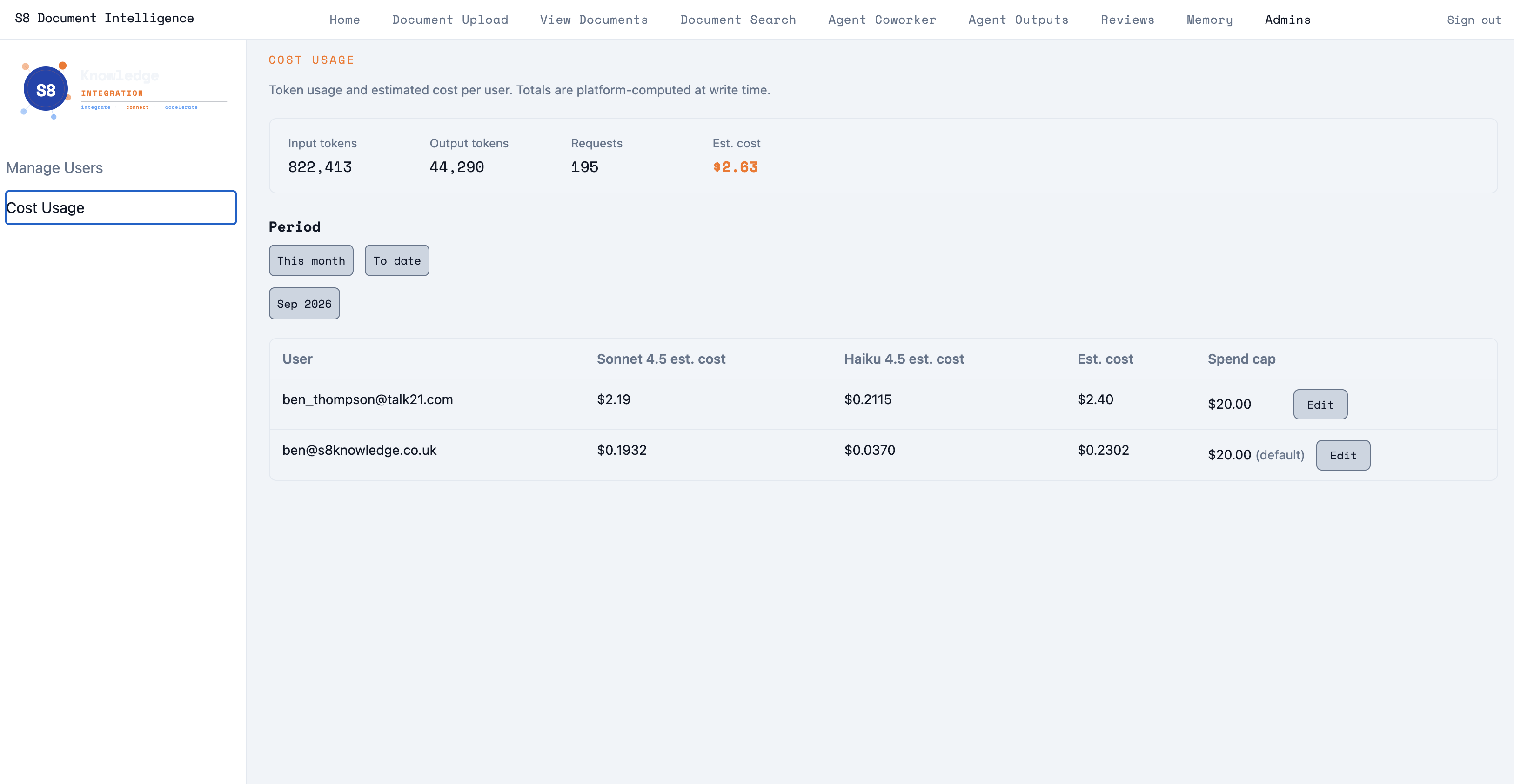 Admin cost usage page: token and cost breakdown per model with per-user spend cap